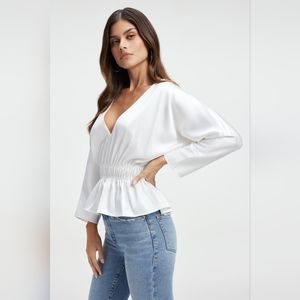 Good American SATIN DEEP V-NECK TOP | IVORY - L Large New